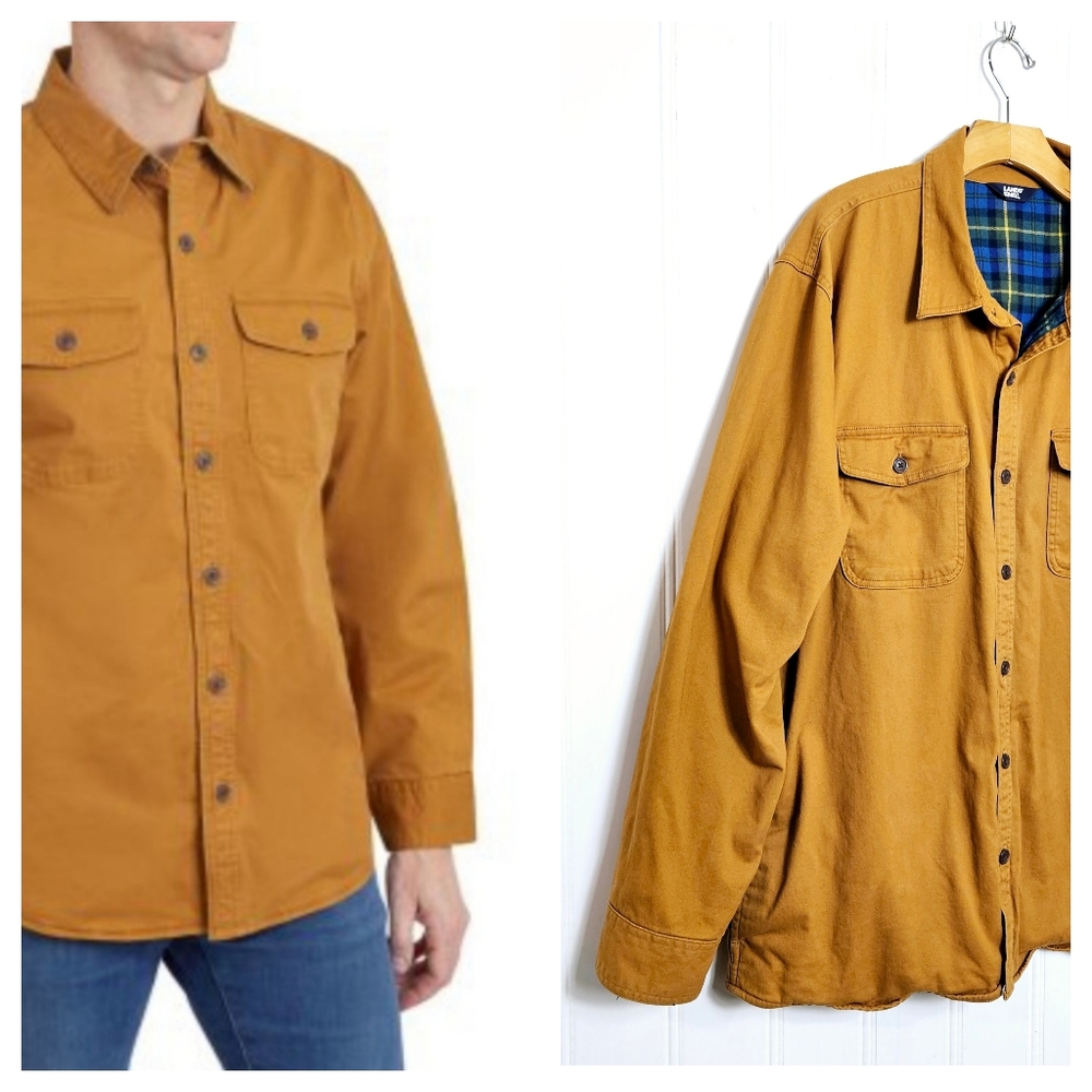Lands' End Shirt Jacket XXL Flannel Lined Canvas Shacket Workwear Golden Pecan
